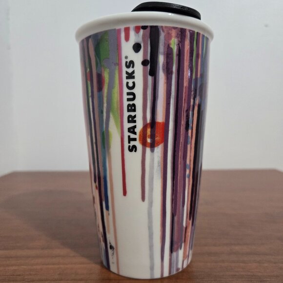 Starbucks Tumbler Travel Mug Ceramic 2015 Graffiti Paint Drip Design 12oz 355ml - Picture 2 of 7